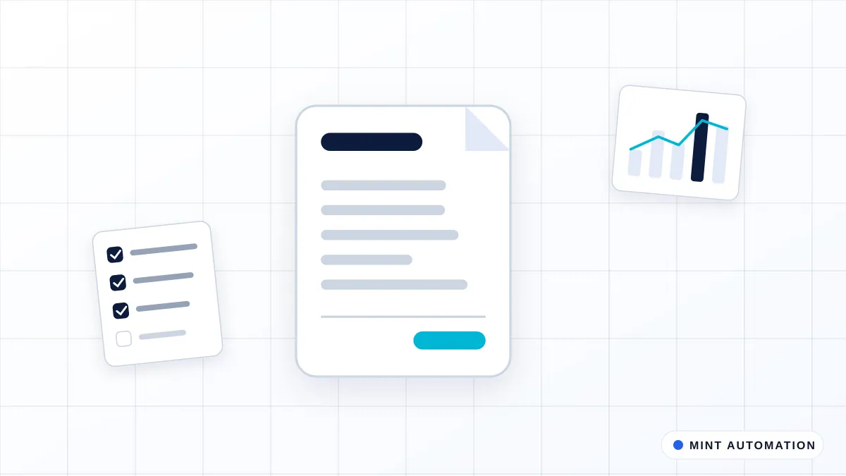 Illustration centred on supplier invoices, with a checklist alongside, with MINT Automation branding.