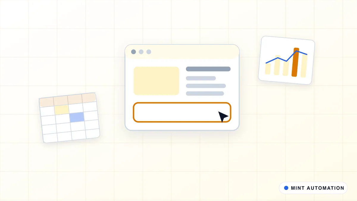 Illustration centred on a web portal in a browser window, with a spreadsheet alongside, with MINT Automation branding.